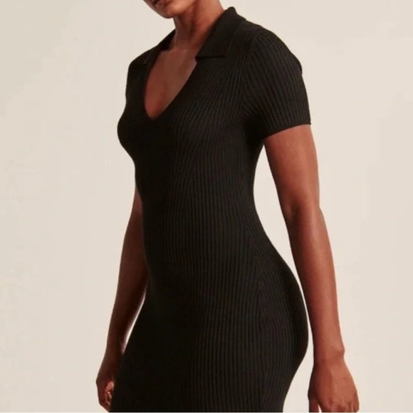 Abercrombie & Fitch Black Ribbed Knit Dress With Collar Short Sleeve Fitted - Picture 2 of 12